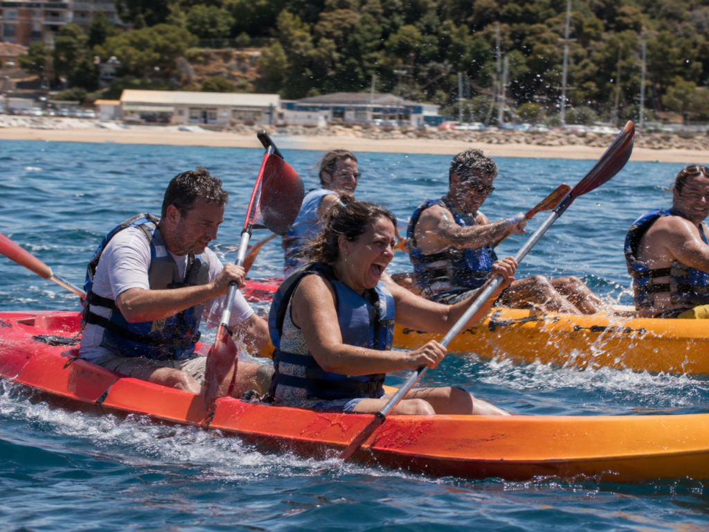 Team building en verano: equipos compitiendo en kayak en la playa de Castelldefels